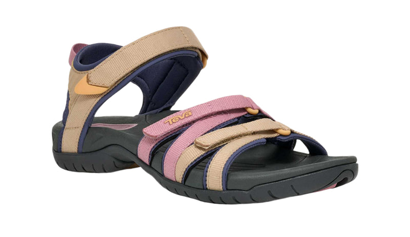 Multicolored sandal with pink, beige, and blue straps on a white background