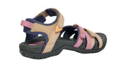 Pair of sandals with pink and beige straps on a white background