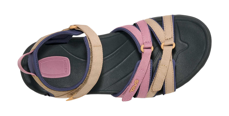 Black sandal with pink and beige straps on a white background