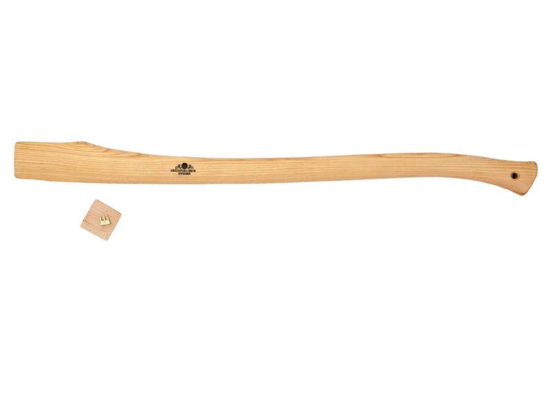 Wooden axe handle with a small wooden block on a white background