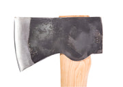 Wooden-handled axe with a large metal head on a white background