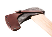 Axes with leather sheaths on a white background