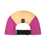 Rear view of a colorblock Buff baseball cap with a light peach crown, magenta side panels, and a black adjustable strap on a white background.