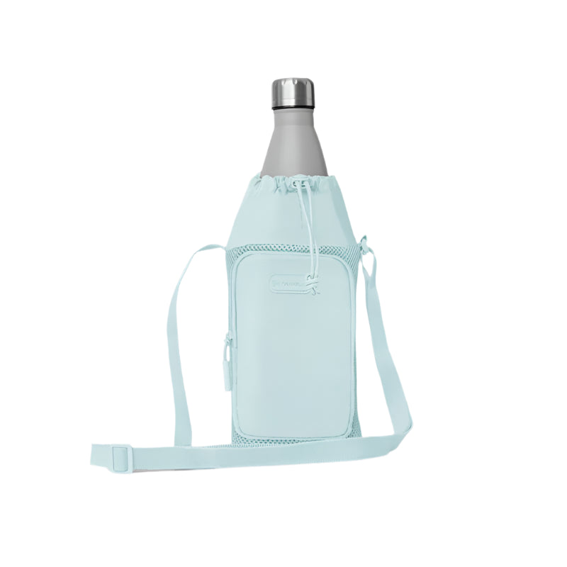 Light blue crossbody bag with a water bottle inside on a light gray background