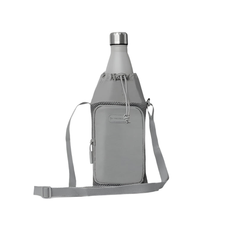 Gray crossbody bag with a bottle inside on a white background