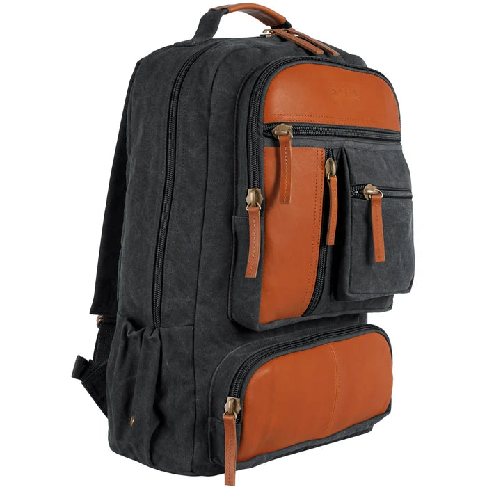 Retro Cantabrian Excursion Rucksack  in Color-washed Black Canvas with Leather