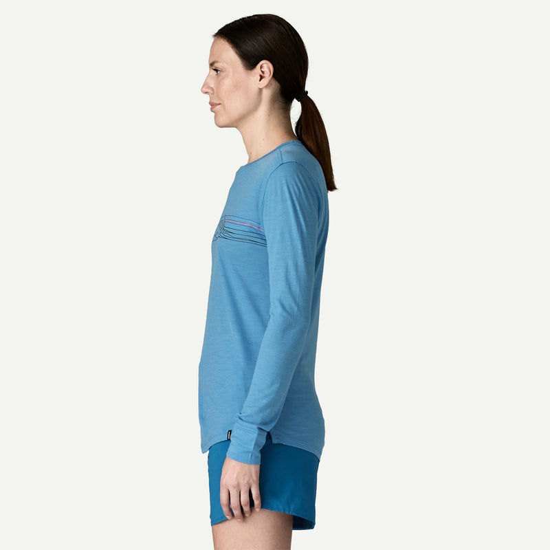 A person from the side wearing a blue long sleeve shirt on a white background