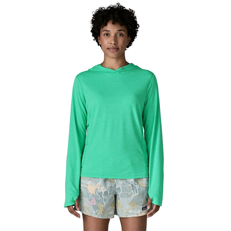 A person form the front wearing a teal hoodie on a white background