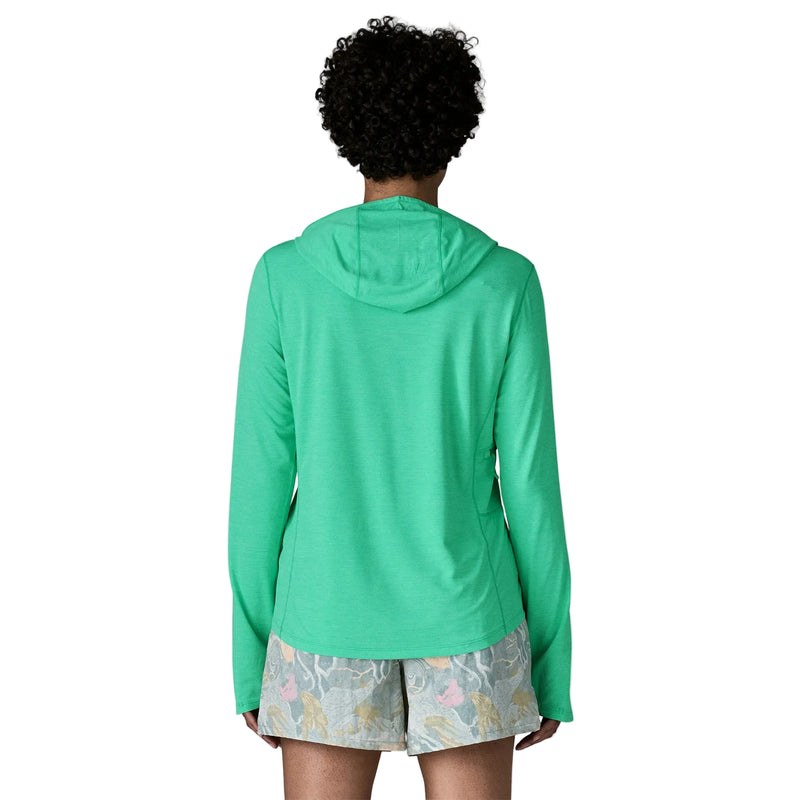 A person from behind wearing a teal hoodie on a white background