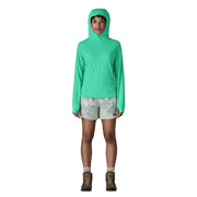 A person wearing a teal hoodie with the hood up on a white background