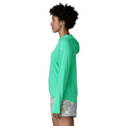 A person from the side wearing a teal hoodie on a white background