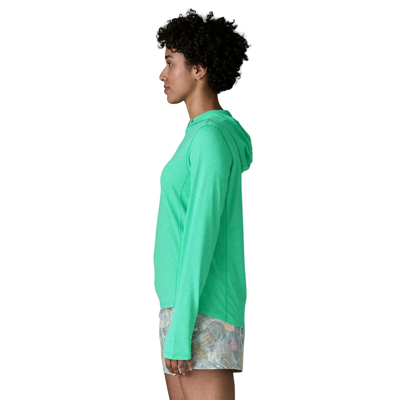 A person from the side wearing a teal hoodie on a white background