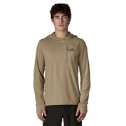 A person from the front wearing a beige hoodie on a white background