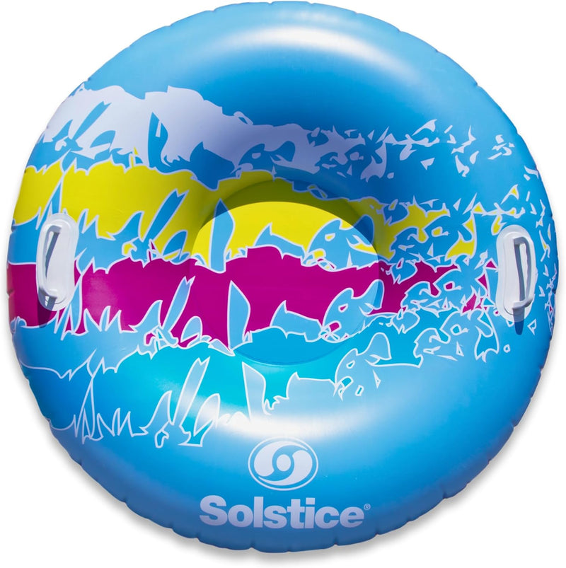 Blue snow tube with yellow and pink accents against a white background. 