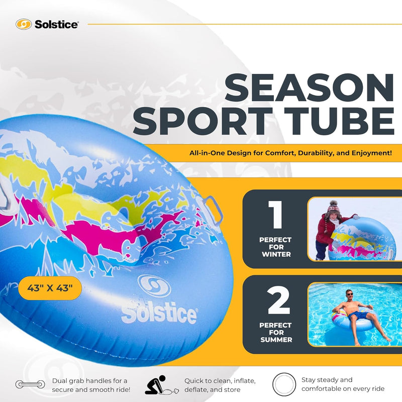 Blue snow tube with pink and yellow accents showcased next to an infographic describing it's features and specs. 