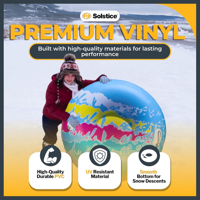 A child on a snowy hill holding up a blue snow tube with pink and yellow accents over an infographic describing it's features and specs. 