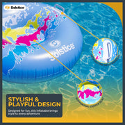 Blue snow tube being used as a pool float showcasing it's versatility and stylish, playful design. 