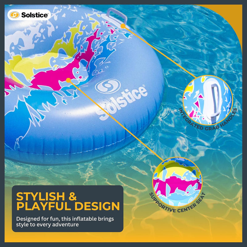 Blue snow tube being used as a pool float showcasing it's versatility and stylish, playful design. 