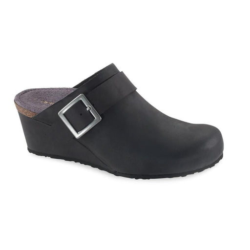 A black leather wedge sandal on a white background