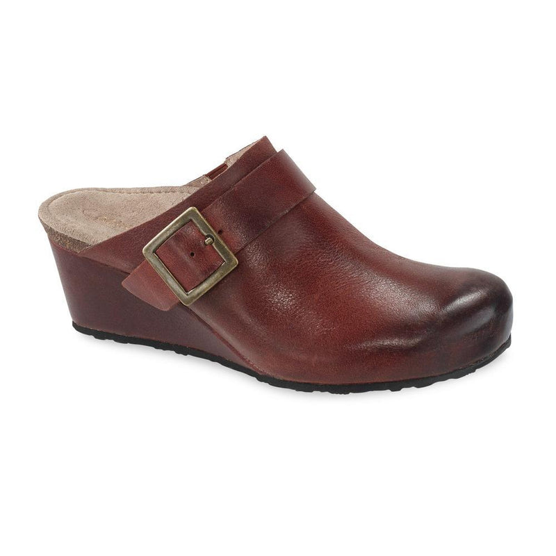 A maroon leather wedge sandal on a white background