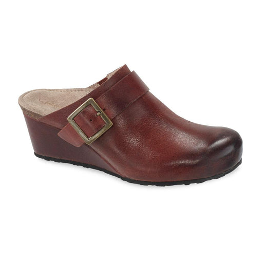 A maroon leather wedge sandal on a white background