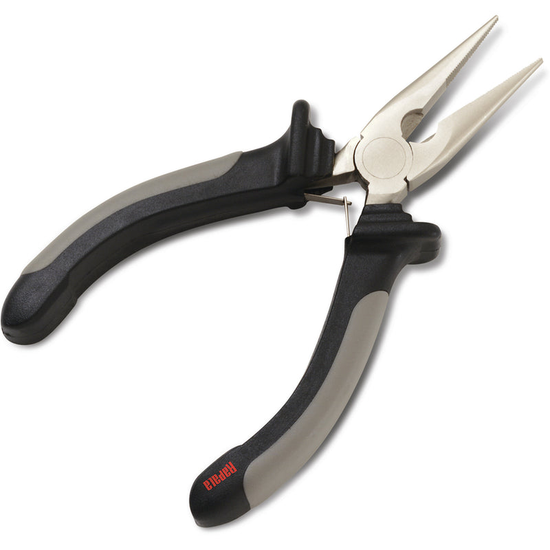 A pair of needle-nose pliers with black and gray ergonomic handles and silver metal jaws, shown on a plain white background. The brand name 'Rapala' is printed in red on the handle.
