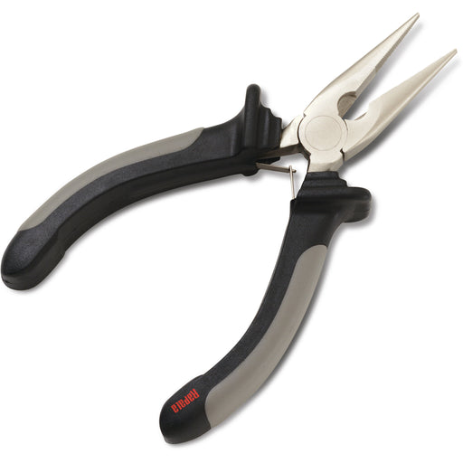 A pair of needle-nose pliers with black and gray ergonomic handles and silver metal jaws, shown on a plain white background. The brand name 'Rapala' is printed in red on the handle.