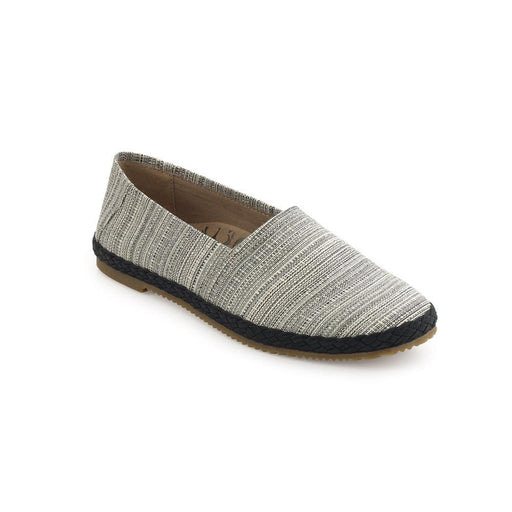 A gray and white pattern slipper with a black bottom on a white background