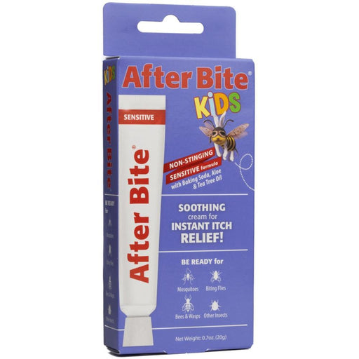 A box of bug bite pain relief on a white background