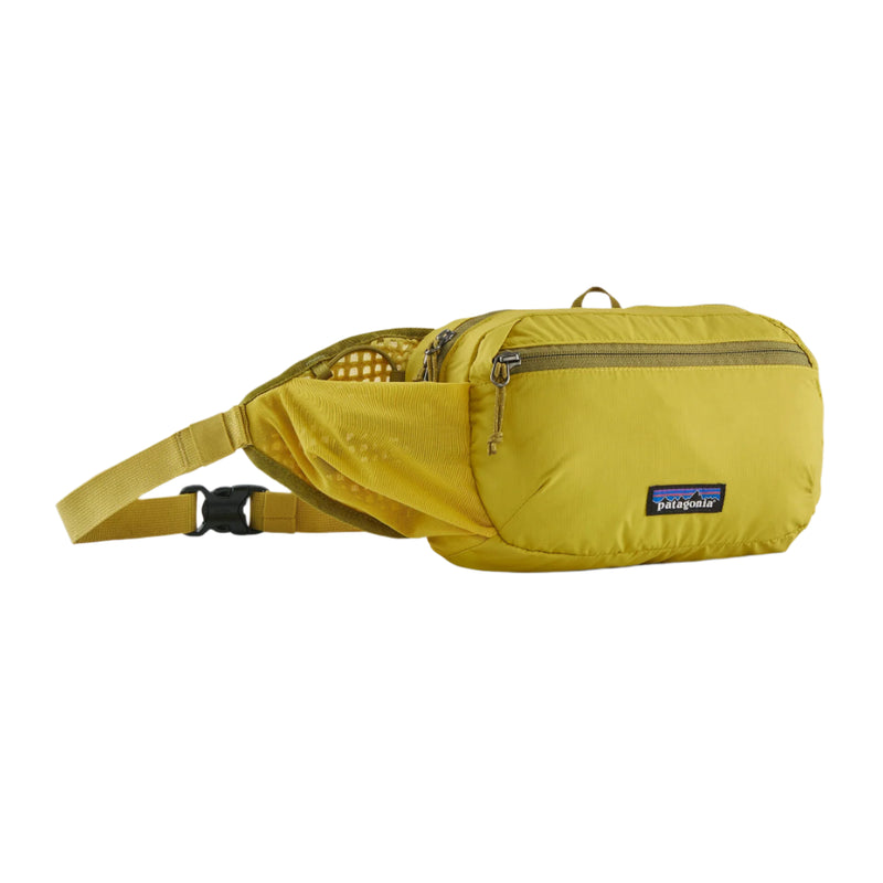 Yellow waist bag with Patagonia logo on a white background