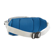 A gray waist bag with a blue back and a gray strap on a white background