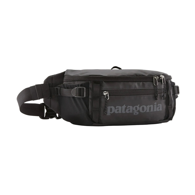 A black waist bag on a white background