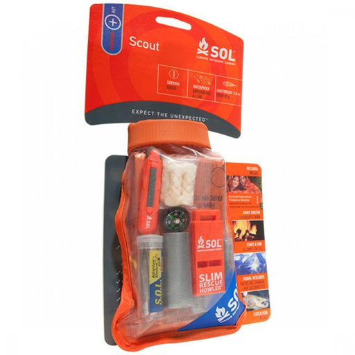 A bag with several safety camping materials on a white background