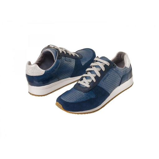 A pair of blue sneakers with white laces and bottoms on a white background