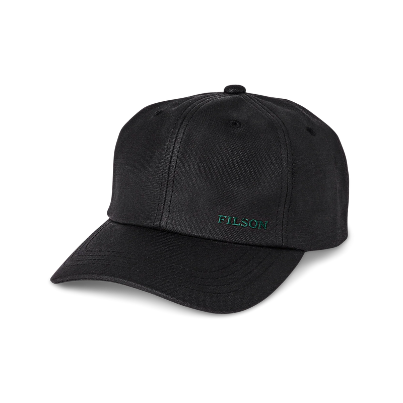Black baseball cap featuring a teal colored Filson logo against a white background. 