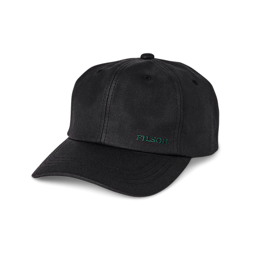 Black baseball cap featuring a teal colored Filson logo against a white background. 