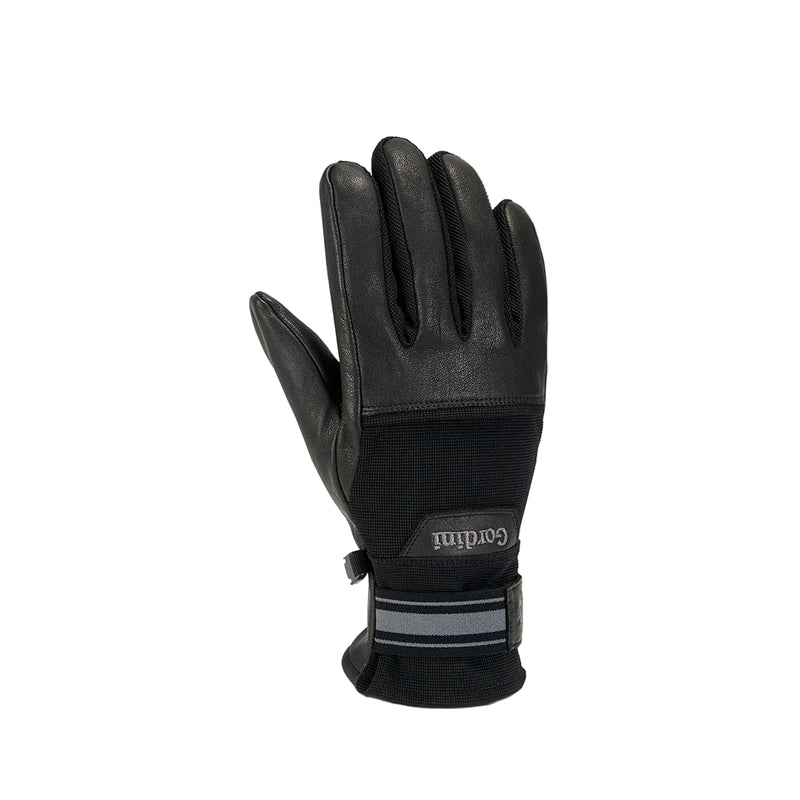 Black glove with reflective strip on a light gray background