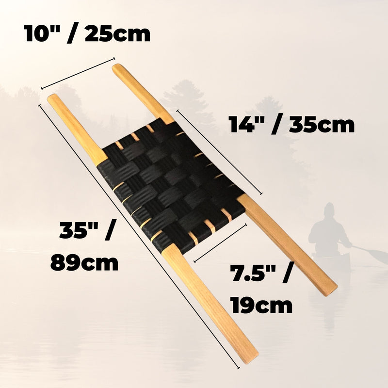 Dimensions of a tan canoe seat with black webbing in the center against a white background. 