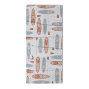 White neck gaiter with a surfboard motif on a white background.