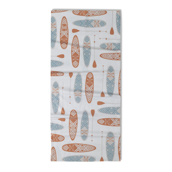 White neck gaiter with a surfboard motif on a white background.