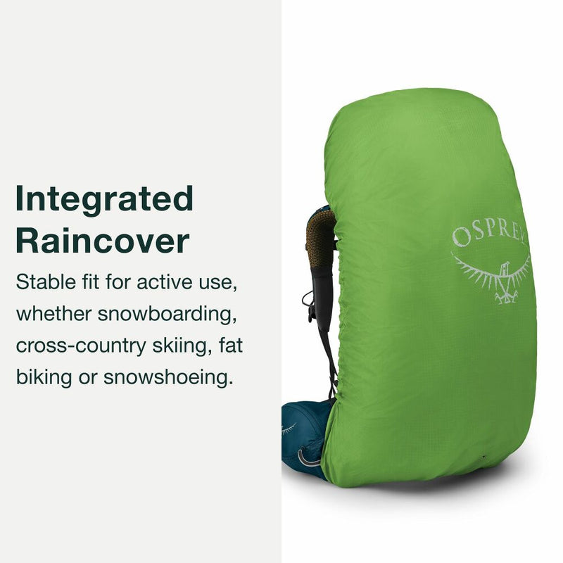 A hiking backpack with a green raincover on a white background