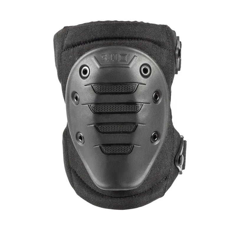Front view of a black kneepad against a white background. 