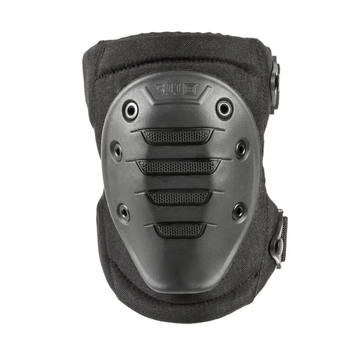 Front view of a black kneepad against a white background. 