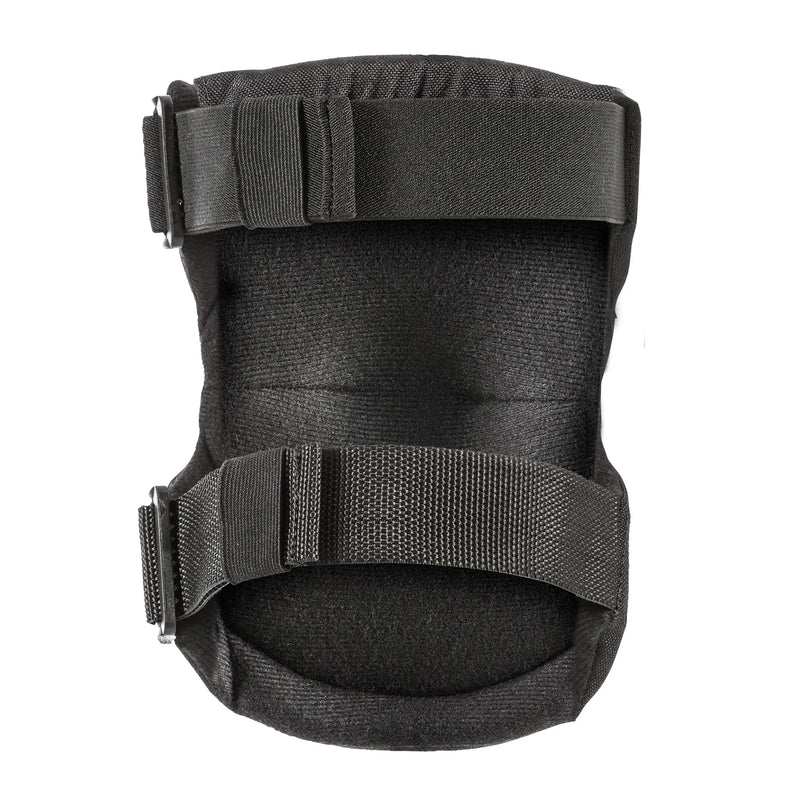 Back view showcasing the straps of a black kneepad against a white background. 