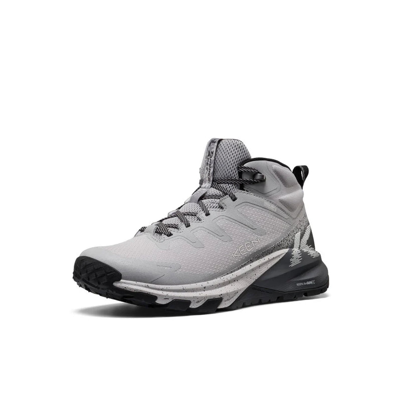 keen Targhee apex in a grey and dark grey color with white ascents on a black sole. 