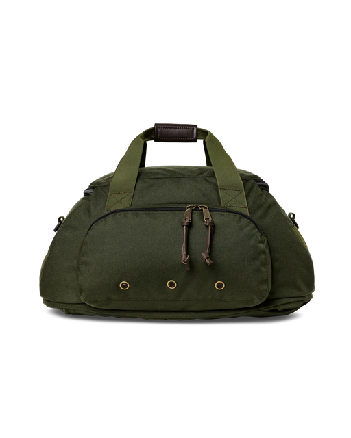 Dark green duffel bag with dark brown tassels against a white background. 