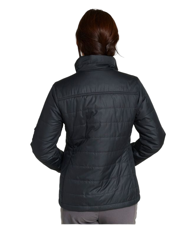 Person wearing a black puffer jacket on a white background