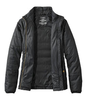 Black jacket with a visible brand label on a white background