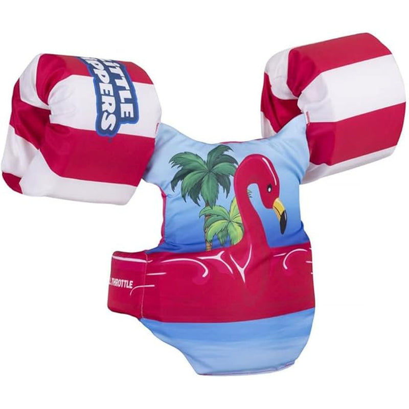 A blue, white, and red children life jacket with a flamingo design on a white background