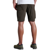 Person wearing dark gunmetal grey shorts on a white background